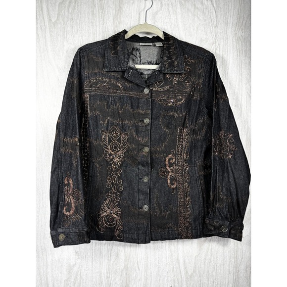 Vintage Chico's Embroidered Denim Jacket M Copper Beaded Y2K Boho Western - Picture 3 of 11